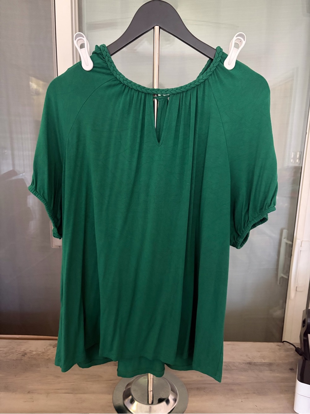 Women's Green Braided Neck Short Sleeve Top
